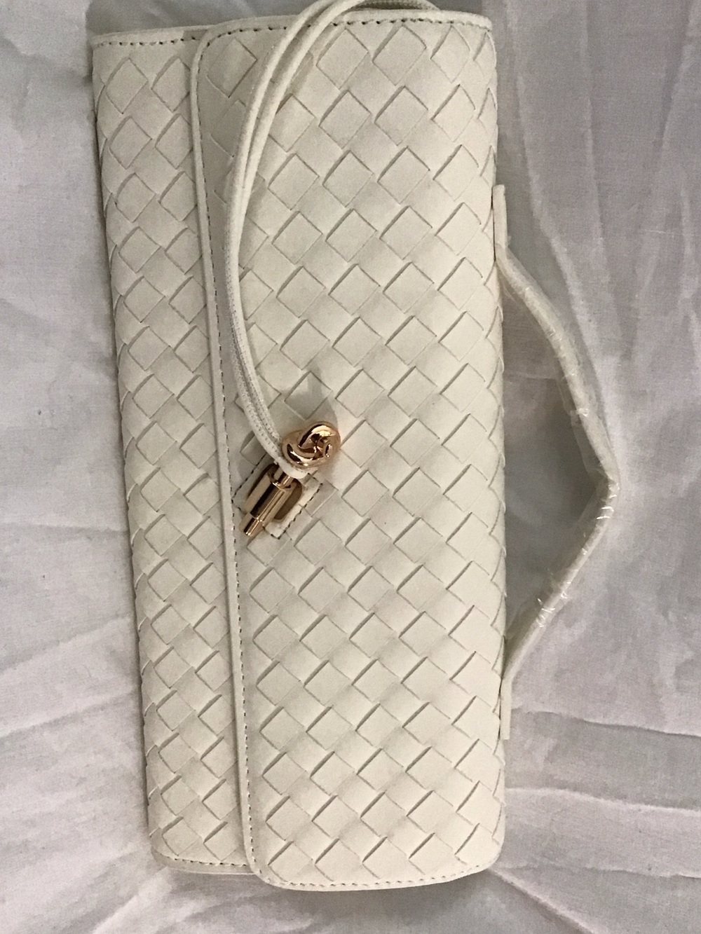 White Woven Leather Clutch with Gold Accent